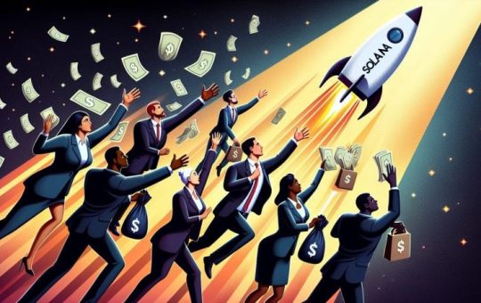 Illustration of businessmen eagerly investing in Solana cryptocurrency as it dramatically rises